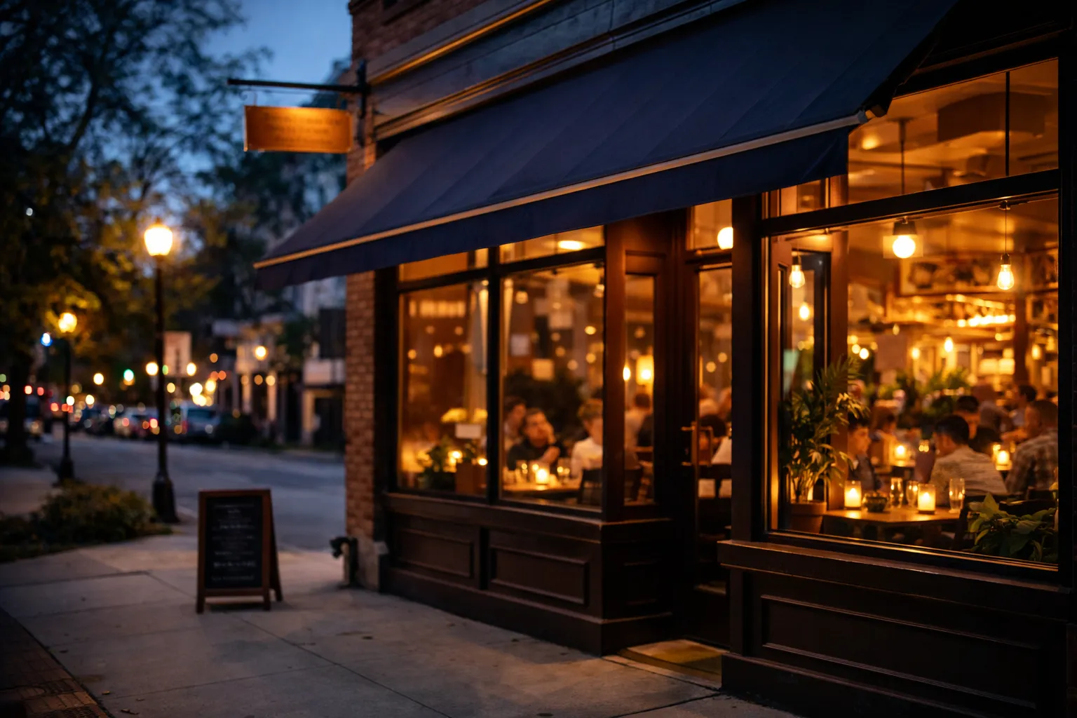 Restaurant exterior at dusk with glowing windows