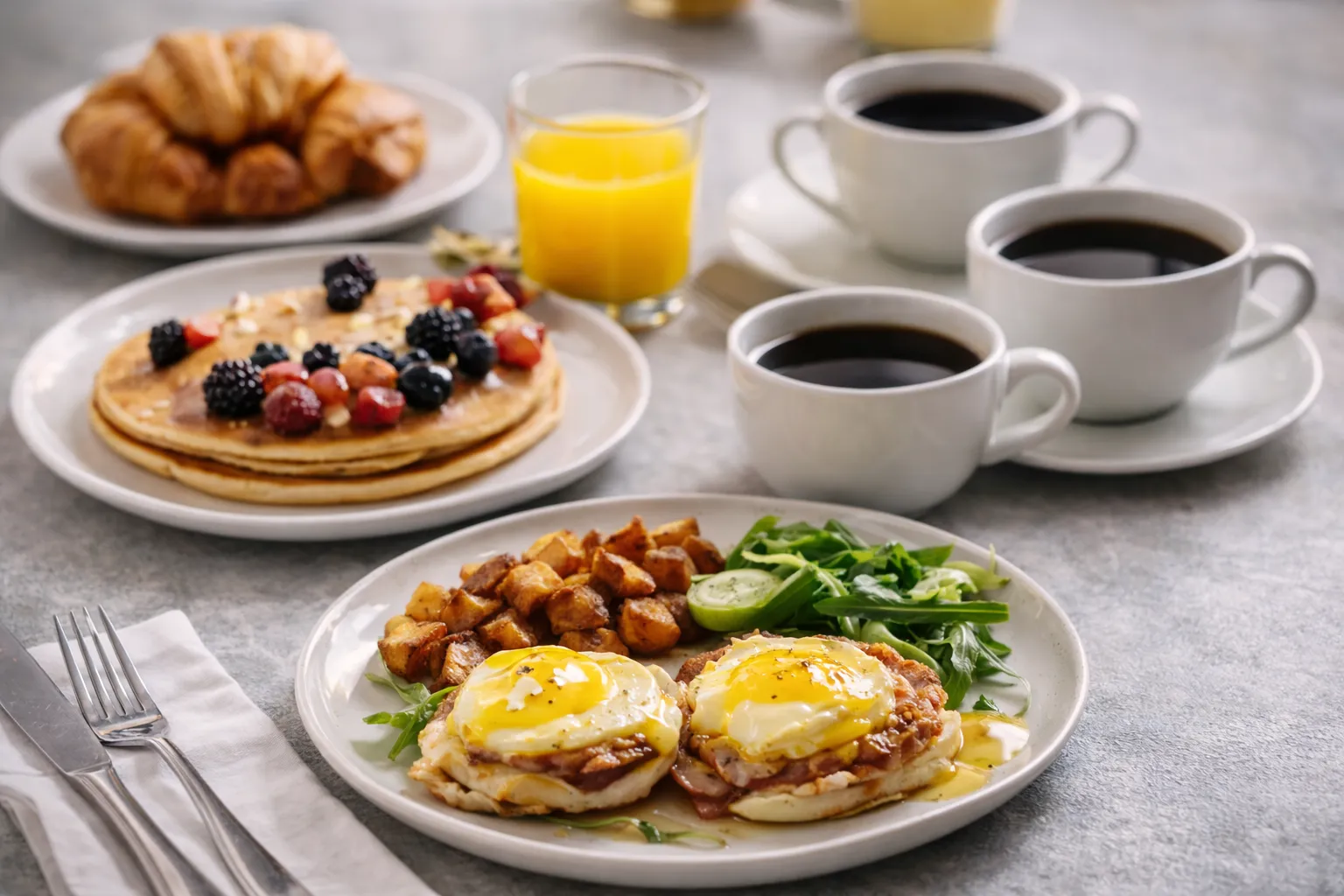 Brunch table spread with coffee and pastries