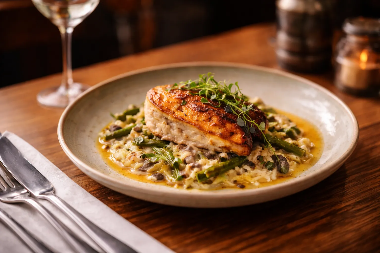 Signature seasonal dish plated with herbs